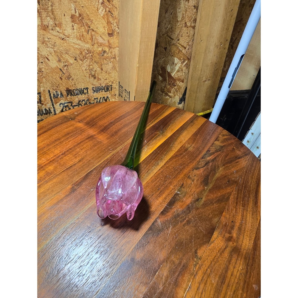 Vintage Hand Blown Art Glass Pink Tulip Flower Long Green Stem Figurine 16 inch